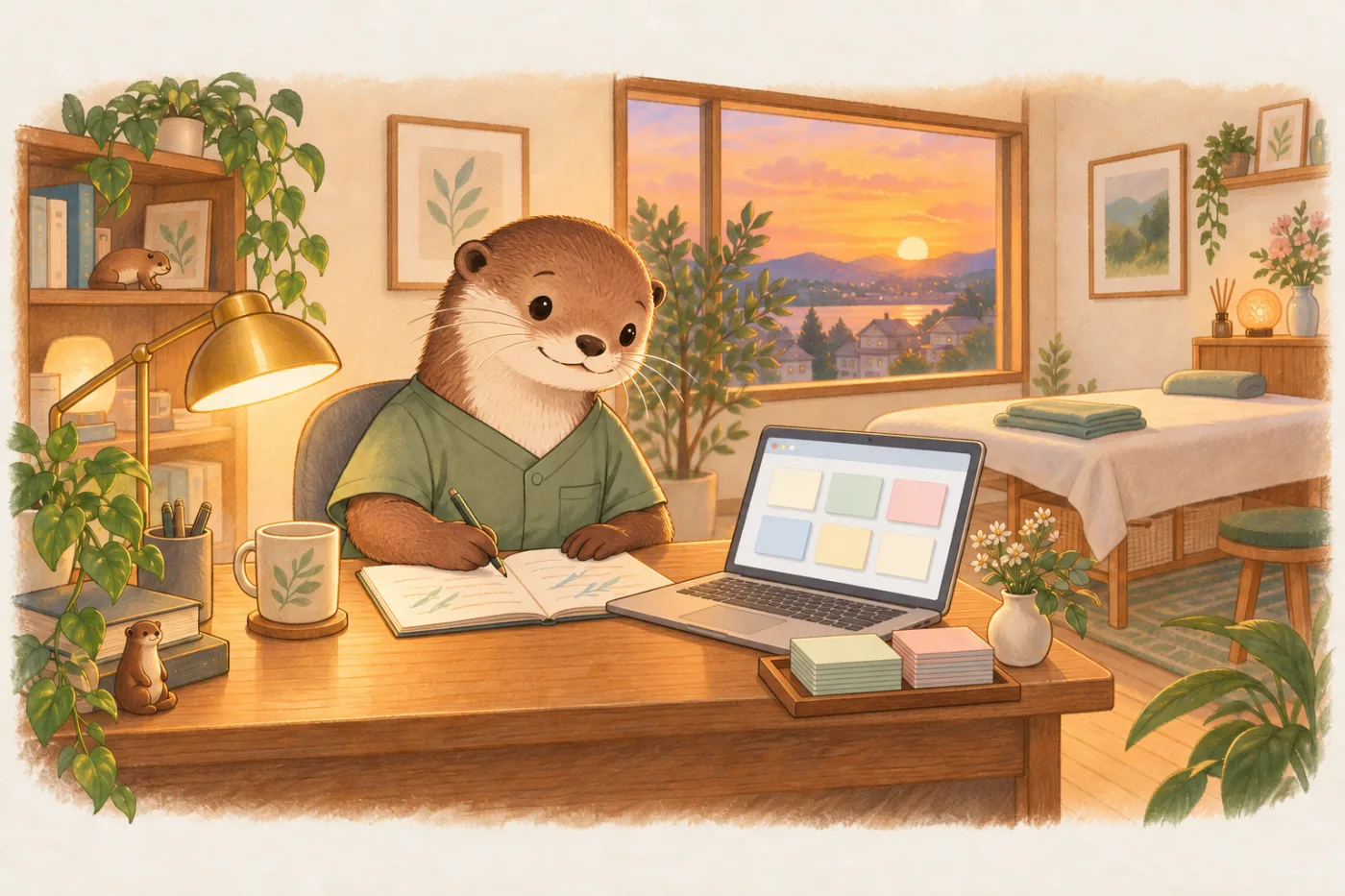 夕焼けが差しこむ整体院で、最後のお客さんが帰ったあと、カワウソのセラピストが机で今日の施術のメモを書いている。横ではノートパソコンが開いている
