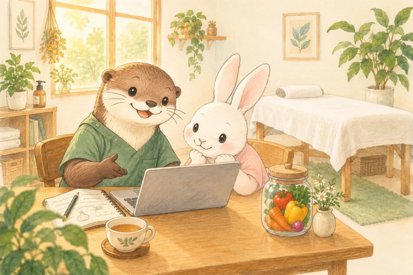 小さな整体院の机で、カワウソのセラピストがノートパソコンを開き、ウサギのお客さまが画面をのぞきこんでいるイラスト。机には手書きのノートと、野菜の入った瓶が置いてある