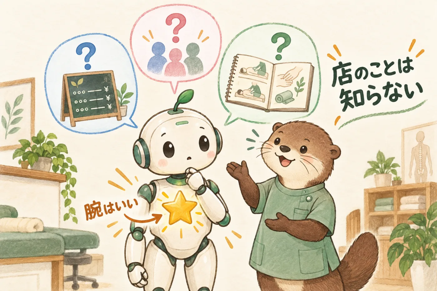 胸に金色の星をつけたロボットの新人が、メニュー表・お客さんの人影・施術のノートを思い浮かべて、はてなマークを出している。隣でカワウソのセラピストが説明しようとしている。文字は「腕はいい」「店のことは知らない」