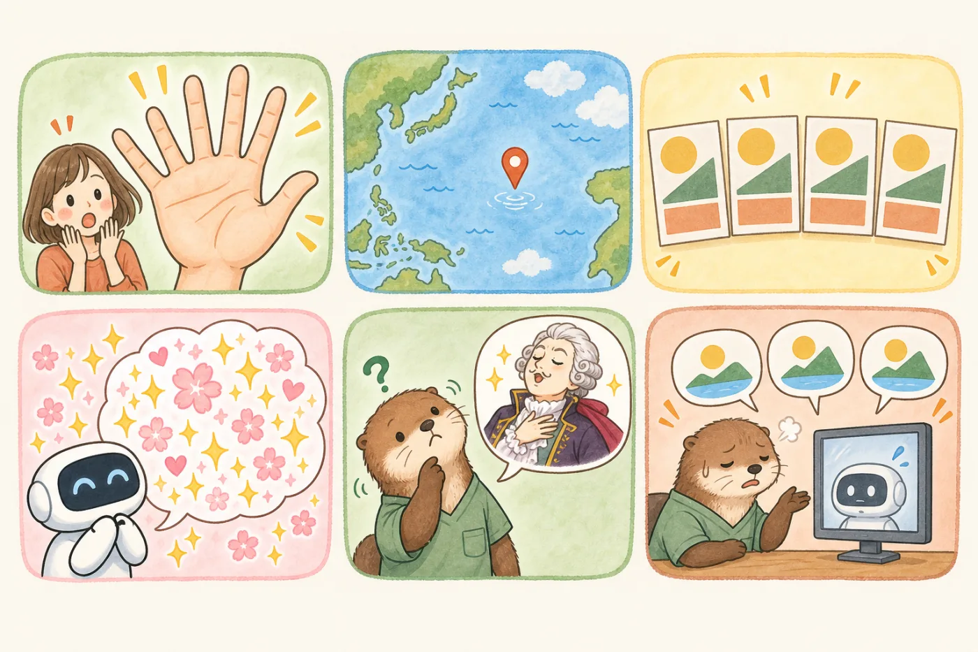 AIの微妙あるある6つを小さなコマ絵で描いた図。指が6本の手、海の真ん中を指す地図のピン、どれも同じに見えるチラシ、キラキラしすぎた褒め言葉、自分と違う口調に首をかしげるカワウソ、同じ説明を3回くり返して疲れたカワウソ