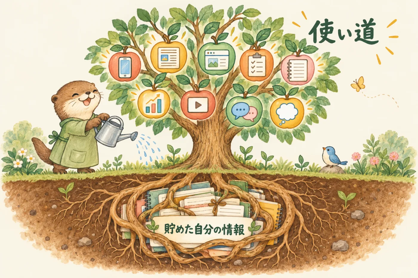 枝に9つの使い道のアイコンが実った大きな木。地面の下の断面では、1本の太い根がノートや記録の束を包んでいる。カワウソのセラピストがじょうろで水をあげている。文字は「使い道」「貯めた自分の情報」