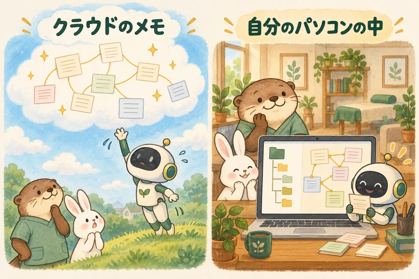 左右2コマの比較図。左は雲の中に浮かぶメモに、ロボットが手を伸ばしても届かない。右は院の机のパソコンの中にメモのカードが並び、金色の糸でつながっていて、ロボットが直接読んでいる。文字は「クラウドのメモ」「自分のパソコンの中」