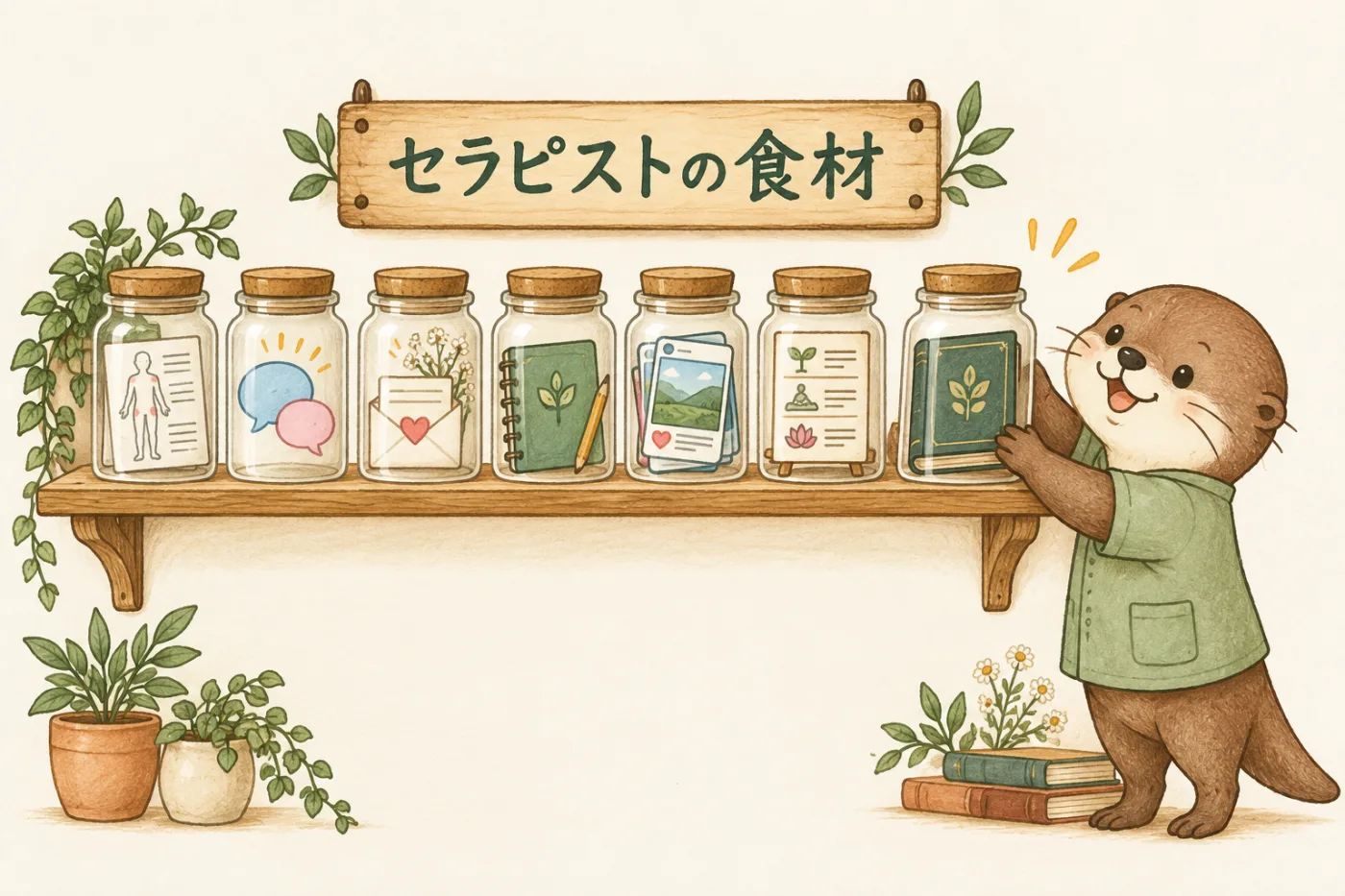 木の食品棚に、施術記録のカード・吹き出し・お礼の手紙・セミナーのノート・スマホの投稿・料金表・本がそれぞれ入ったガラス瓶が並び、カワウソのセラピストが新しい瓶を置いている。看板の文字は「セラピストの食材」