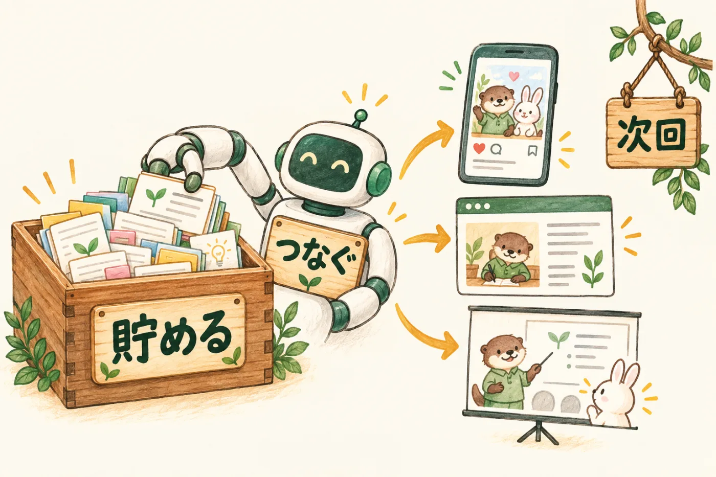 左にメモのカードが詰まった木箱、真ん中でロボットの手がカードを取り出し、右側にスマホの投稿・ブログ・セミナー資料ができあがっていく図。文字は「貯める」「つなぐ」「次回」